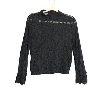 Guyueqiqin Floral Lace Mock Neck Blouse Top Women's Size Medium Black Party